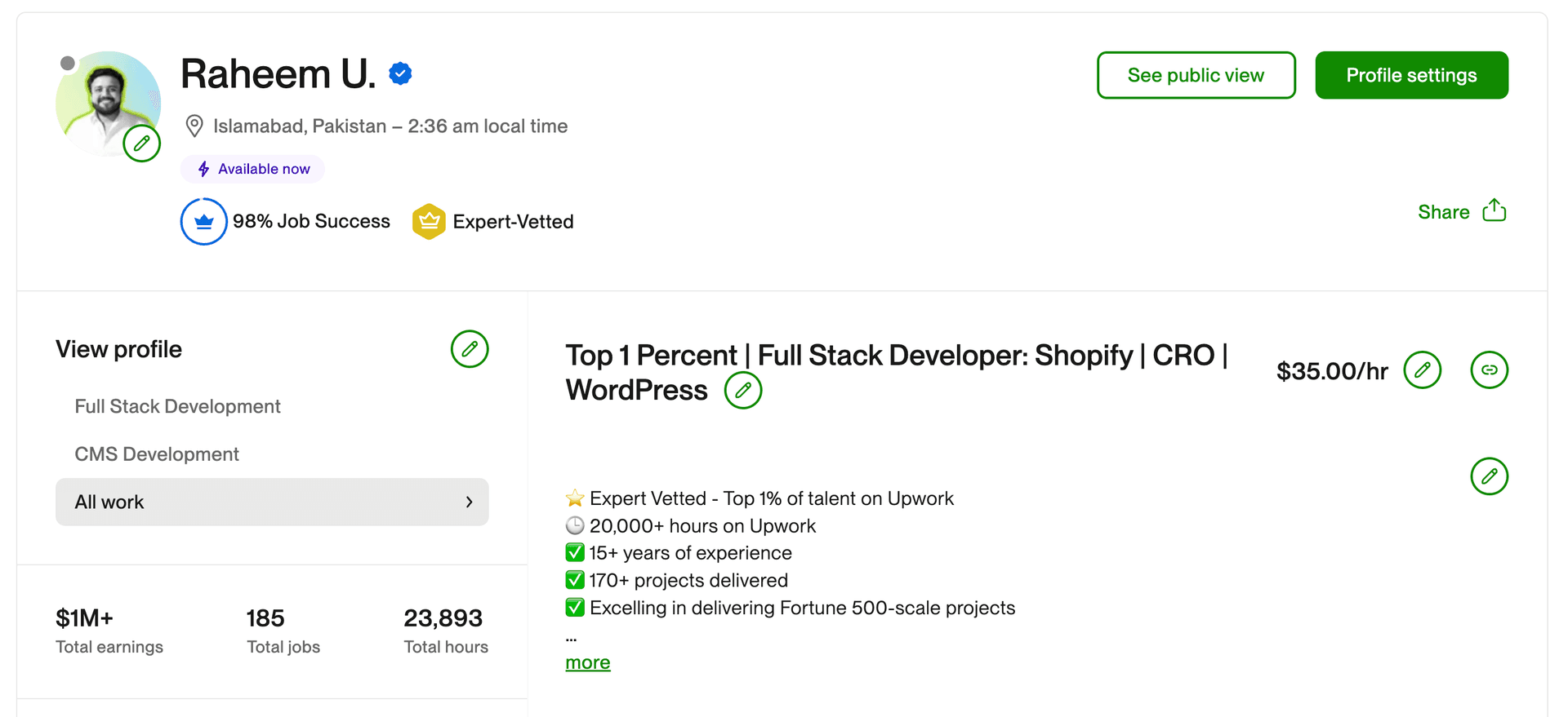 Raheem Dawar's Upwork profile $1M+ earned, 98% Job Success, Expert-Vetted